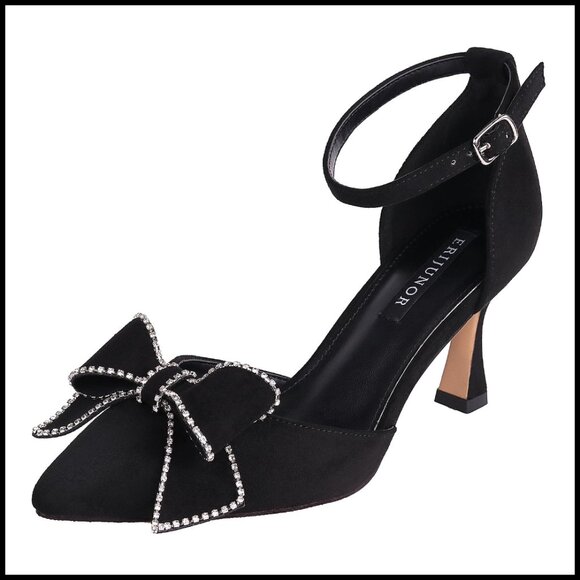 Elegant Satin Pumps with Bow Ankle Strap Mid Heel Wedding Party Shoes